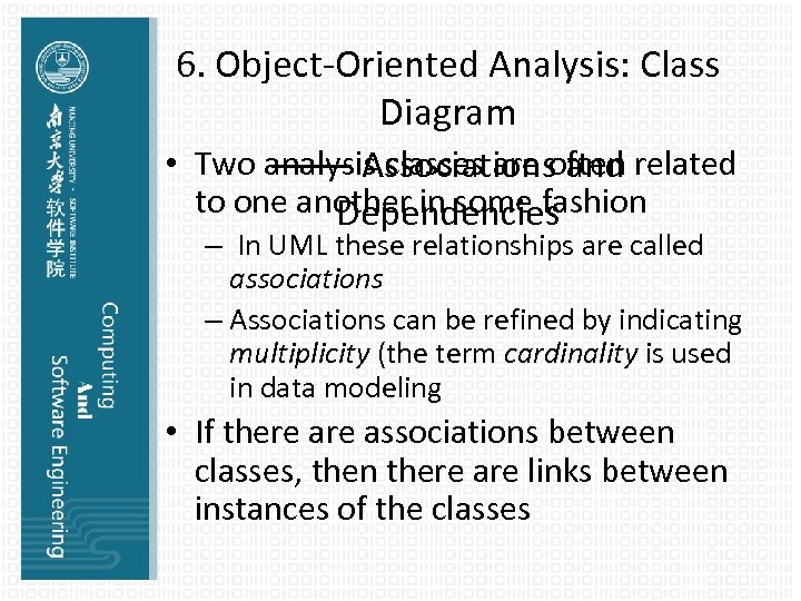 6. Object-Oriented Analysis: Class Diagram • Two analysis classes are often related —— Associations