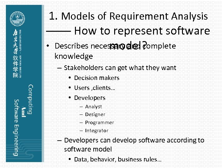 1. Models of Requirement Analysis —— How to represent software • Describes necessary and