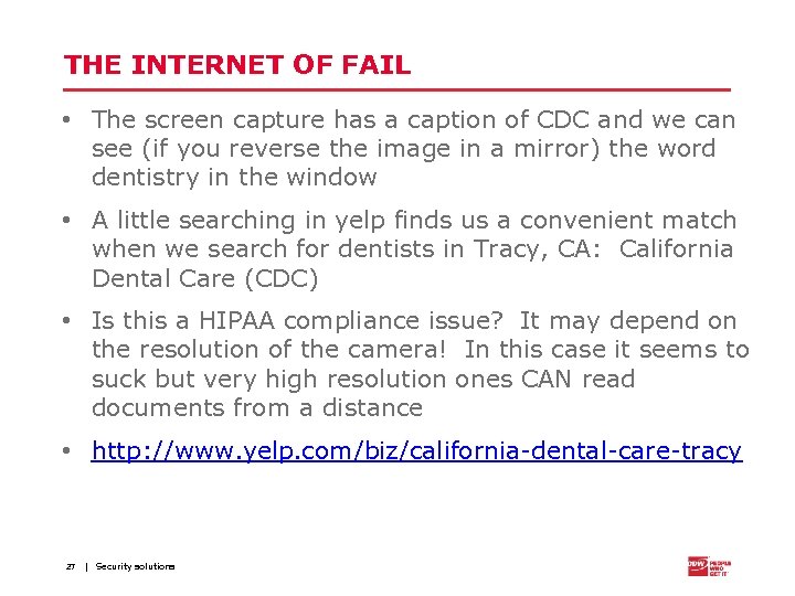 THE INTERNET OF FAIL • The screen capture has a caption of CDC and