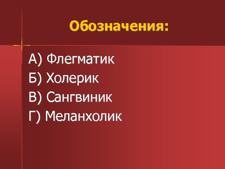 Обозначения: A) Флегматик Б) Холерик В) Сангвиник Г) Меланхолик 