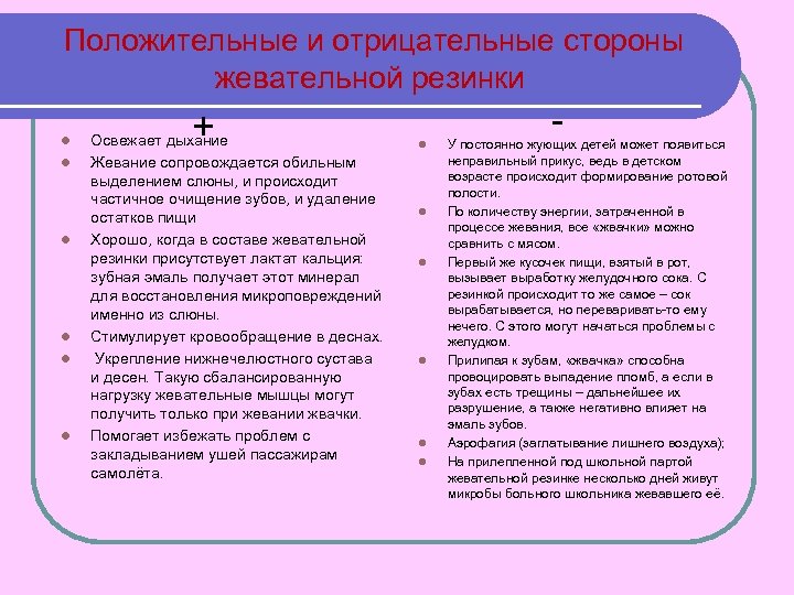 Положительные и отрицательные стороны жевательной резинки l l l + Освежает дыхание Жевание сопровождается
