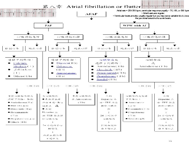 Atrial rate = 250 -350 bpm; ventricular response usually ~ 75, 150, or 300