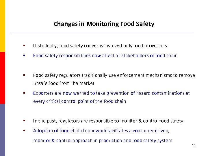 Changes in Monitoring Food Safety § Historically, food safety concerns involved only food processors