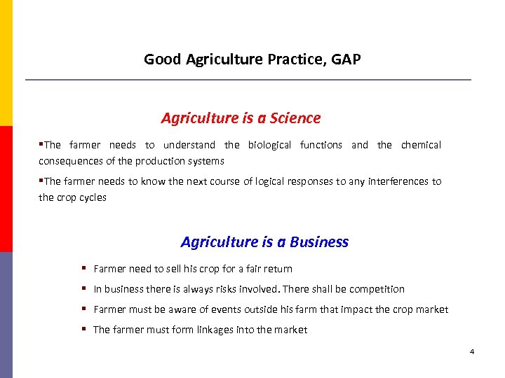 Good Agriculture Practice, GAP Agriculture is a Science §The farmer needs to understand the
