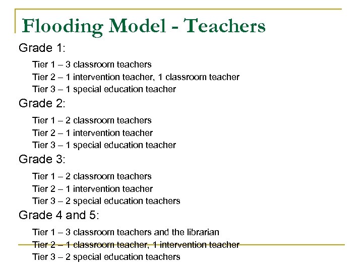 Flooding Model - Teachers Grade 1: Tier 1 – 3 classroom teachers Tier 2
