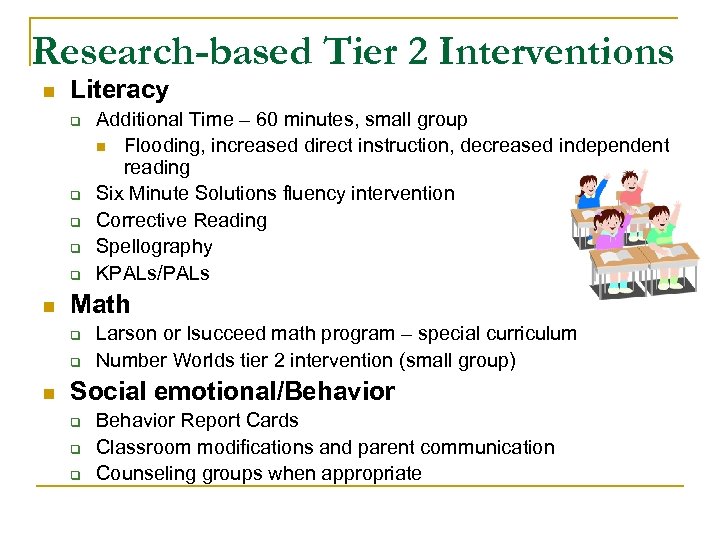 Research-based Tier 2 Interventions n Literacy q q q n Math q q n