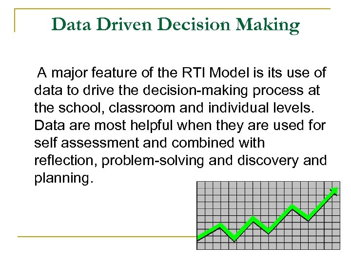 Data Driven Decision Making A major feature of the RTI Model is its use