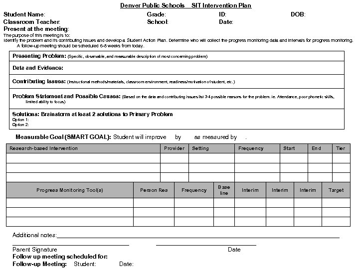 Student Name: Classroom Teacher: Present at the meeting: Denver Public Schools Grade: School: SIT