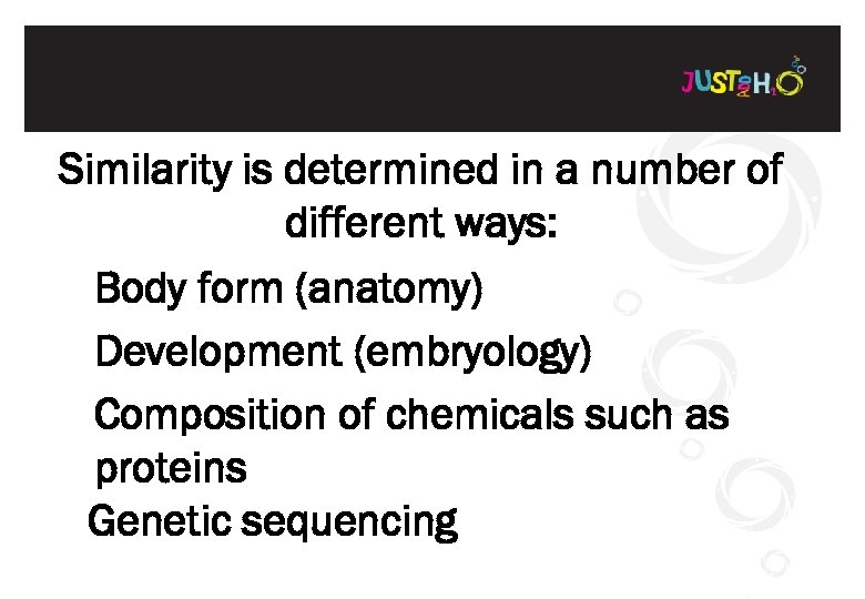 Similarity is determined in a number of different ways: Body form (anatomy) Development (embryology)