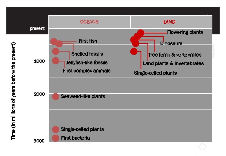 OCEANS Time (in millions of years before the present) present LAND Flowering plants First