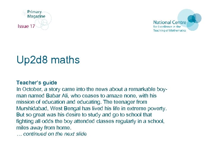 Up 2 d 8 maths Teacher’s guide In October, a story came into the