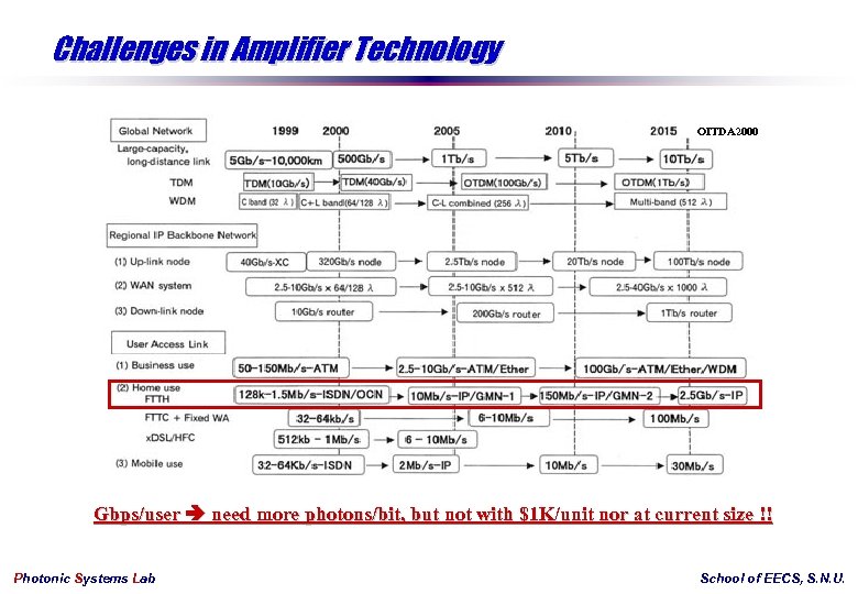 Challenges in Amplifier Technology OITDA 2000 Gbps/user need more photons/bit, but not with $1