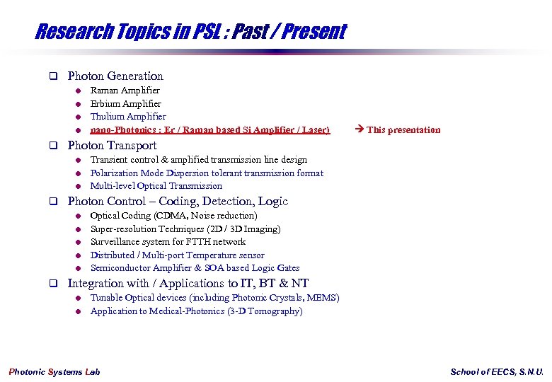 Research Topics in PSL : Past / Present q Photon Generation = Raman Amplifier