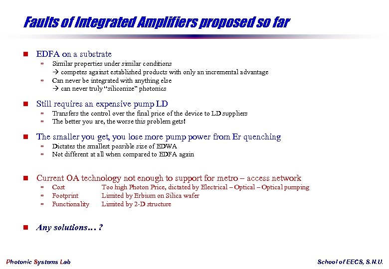 Faults of Integrated Amplifiers proposed so far n EDFA on a substrate ù ù