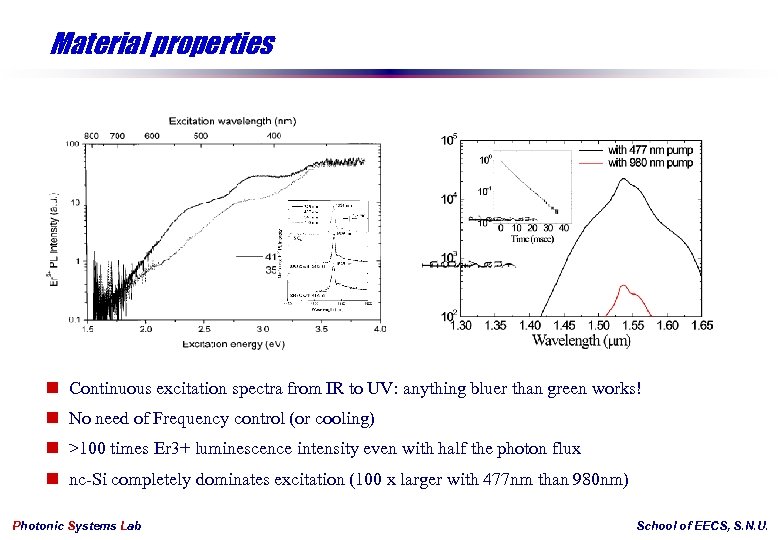 Material properties n Continuous excitation spectra from IR to UV: anything bluer than green