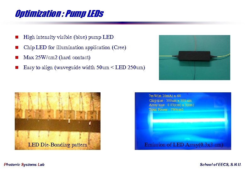 Optimization : Pump LEDs n High intensity visible (blue) pump LED n Chip LED