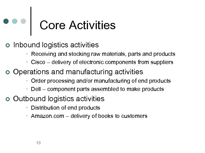 Core Activities ¢ Inbound logistics activities • Receiving and stocking raw materials, parts and