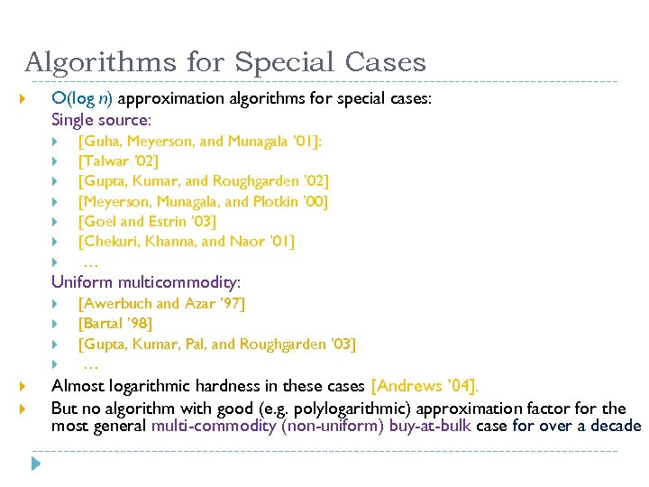 Algorithms for Special Cases O(log n) approximation algorithms for special cases: Single source: [Guha,