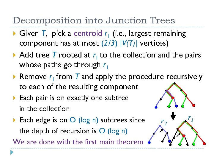 Decomposition into Junction Trees Given T, pick a centroid r 1 (i. e. ,