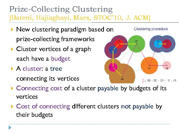 Prize-Collecting Clustering [Bateni, Hajiaghayi, Marx, STOC’ 10, J. ACM] New clustering paradigm based on