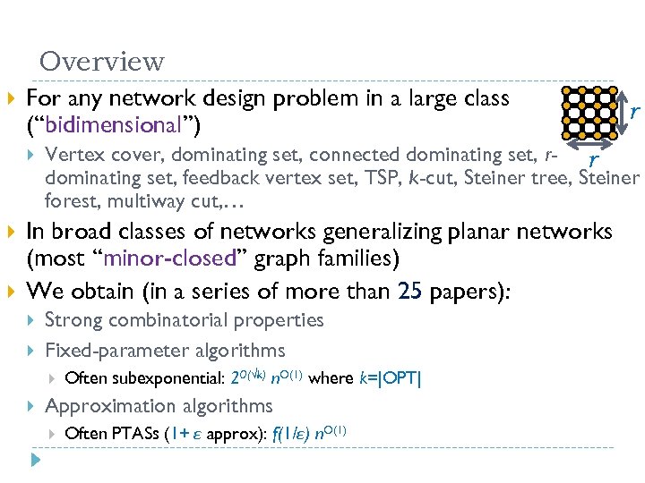 Overview For any network design problem in a large class (“bidimensional”) Vertex cover, dominating