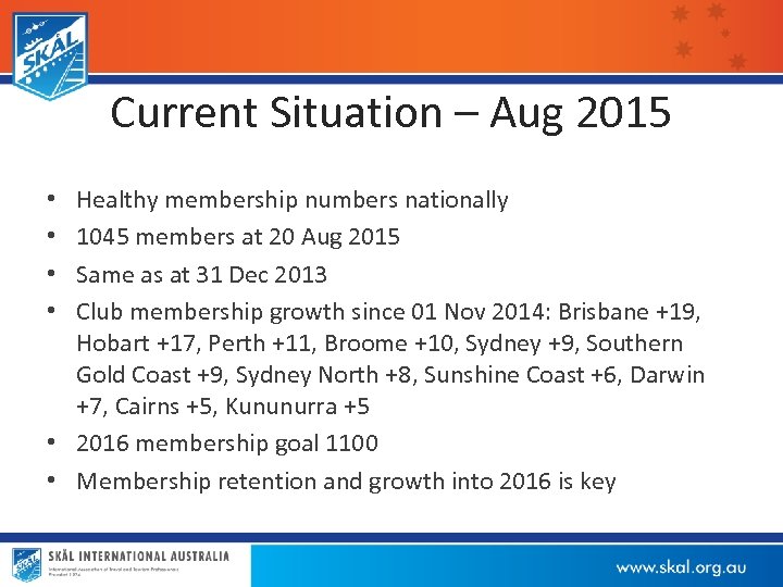 Current Situation – Aug 2015 Healthy membership numbers nationally 1045 members at 20 Aug