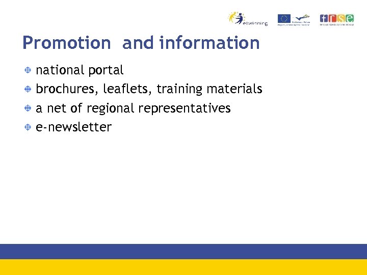 Promotion and information national portal brochures, leaflets, training materials a net of regional representatives