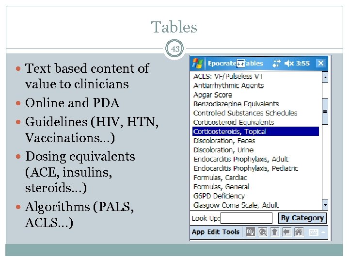 Tables 43 Text based content of value to clinicians Online and PDA Guidelines (HIV,