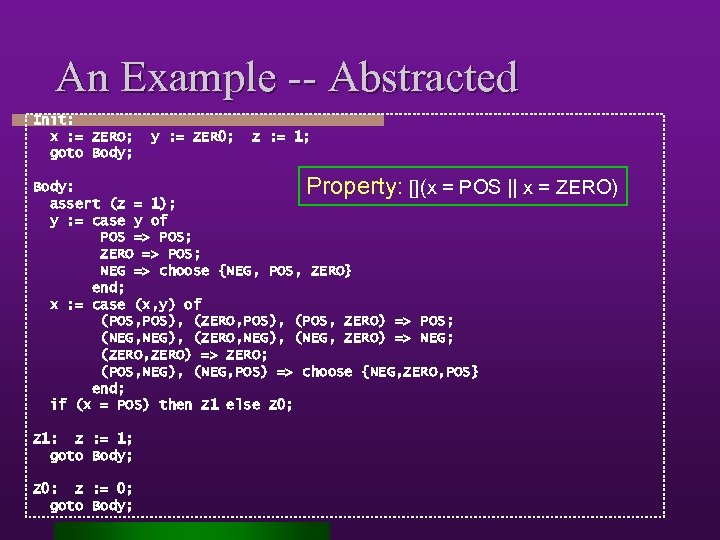 An Example -- Abstracted Init: x : = ZERO; goto Body; y : =