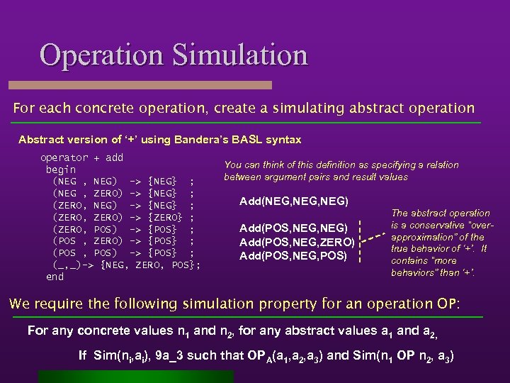 Operation Simulation For each concrete operation, create a simulating abstract operation Abstract version of
