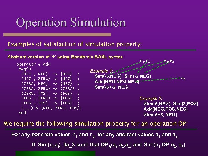 Operation Simulation Examples of satisfaction of simulation property: Abstract version of ‘+’ using Bandera’s