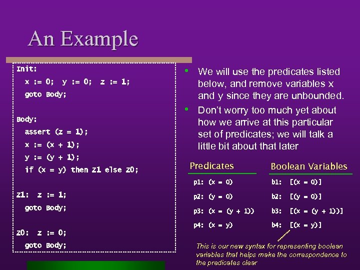 An Example • We will use the predicates listed Init: x : = 0;