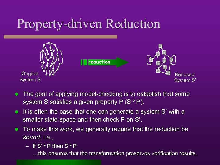 Property-driven Reduction reduction Original System S Reduced System S’ l The goal of applying