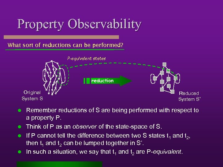 Property Observability What sort of reductions can be performed? P-equivalent states reduction Original System