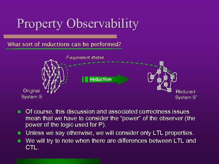 Property Observability What sort of reductions can be performed? P-equivalent states reduction Original System