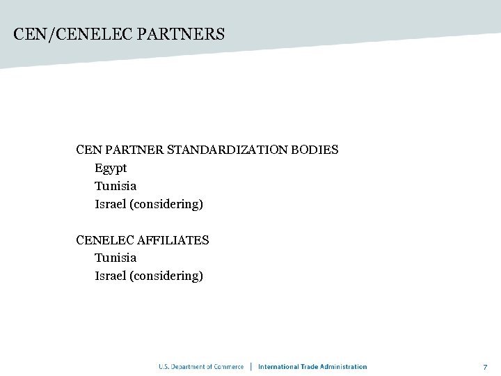 CEN/CENELEC PARTNERS CEN PARTNER STANDARDIZATION BODIES Egypt Tunisia Israel (considering) CENELEC AFFILIATES Tunisia Israel