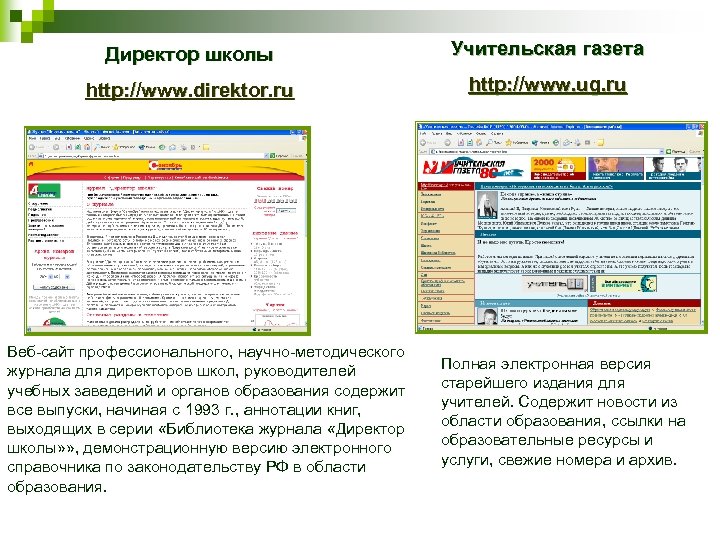 Директор школы Учительская газета http: //www. direktor. ru http: //www. ug. ru Веб-сайт профессионального,