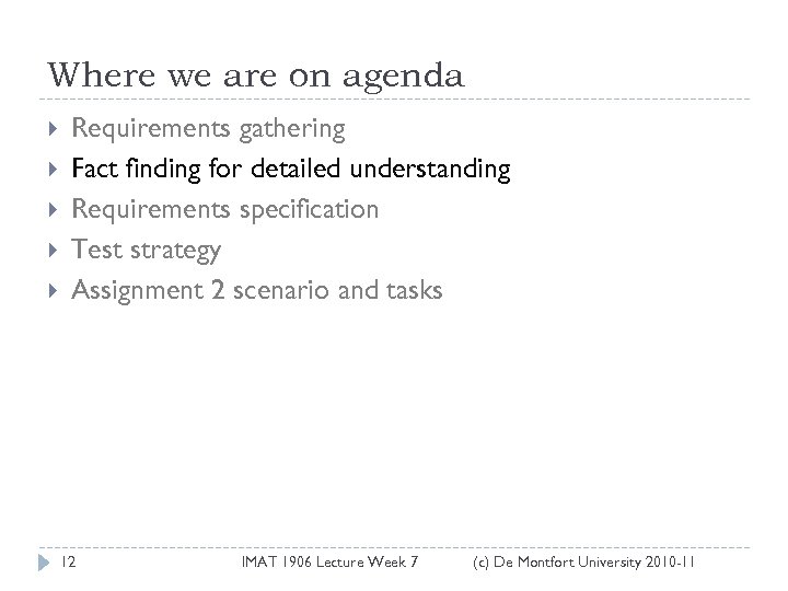 Where we are on agenda Requirements gathering Fact finding for detailed understanding Requirements specification