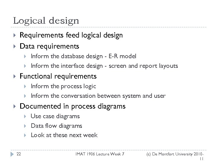 Logical design Requirements feed logical design Data requirements Functional requirements Inform the database design