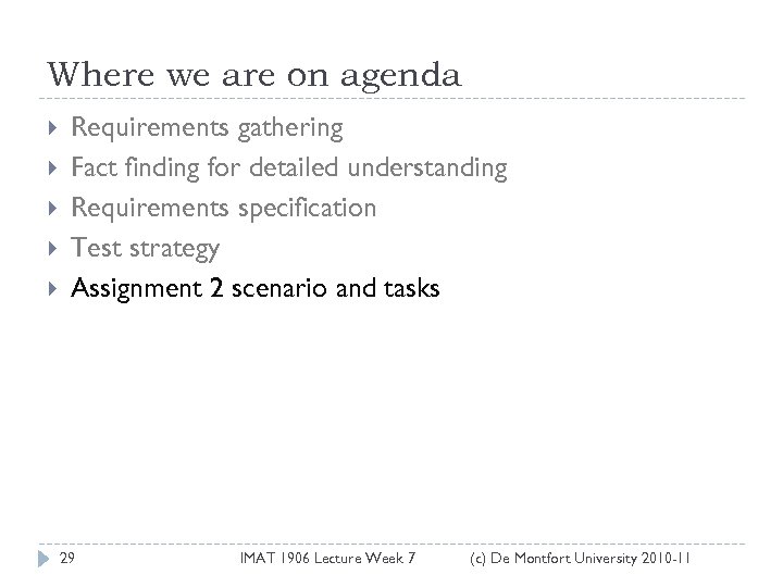 Where we are on agenda Requirements gathering Fact finding for detailed understanding Requirements specification