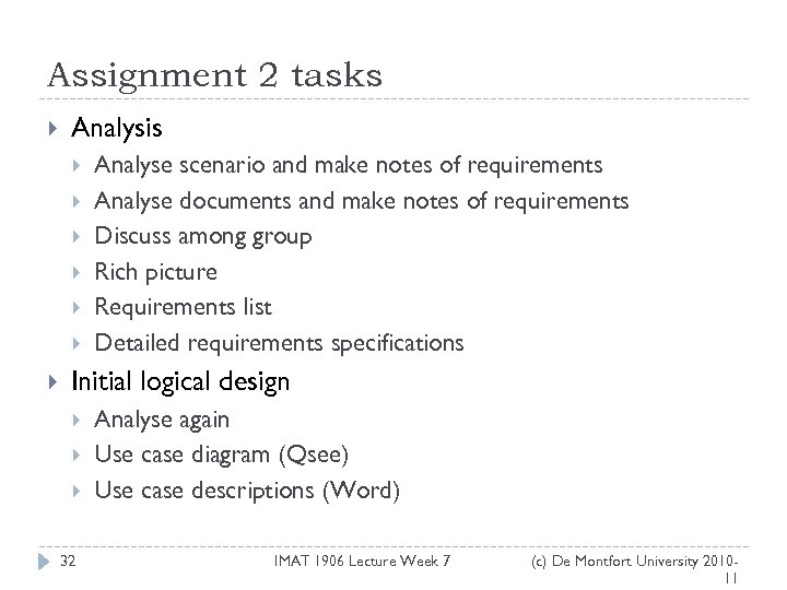 Assignment 2 tasks Analysis Analyse scenario and make notes of requirements Analyse documents and