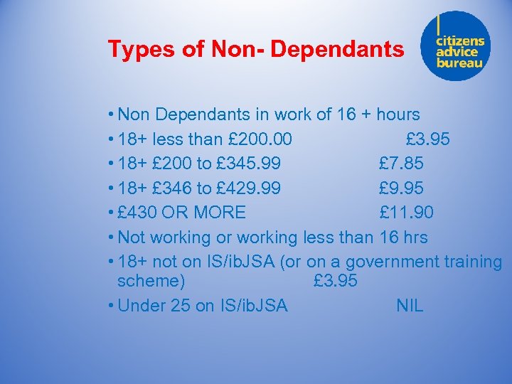 Types of Non- Dependants • Non Dependants in work of 16 + hours •