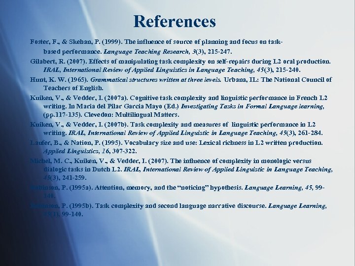 References Foster, F. , & Skehan, P. (1999). The influence of source of planning