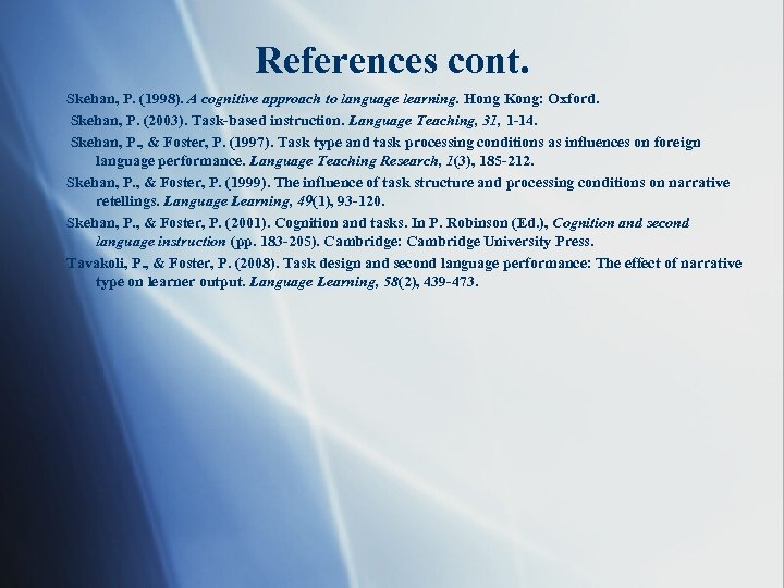 References cont. Skehan, P. (1998). A cognitive approach to language learning. Hong Kong: Oxford.