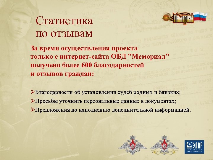 Статистика по отзывам За время осуществления проекта только с интернет-сайта ОБД "Мемориал" получено более