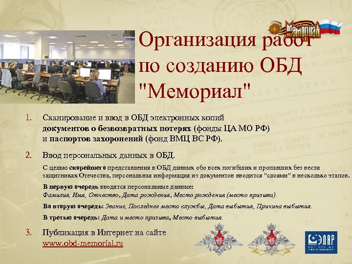 Организация работ по созданию ОБД "Мемориал" 1. Сканирование и ввод в ОБД электронных копий