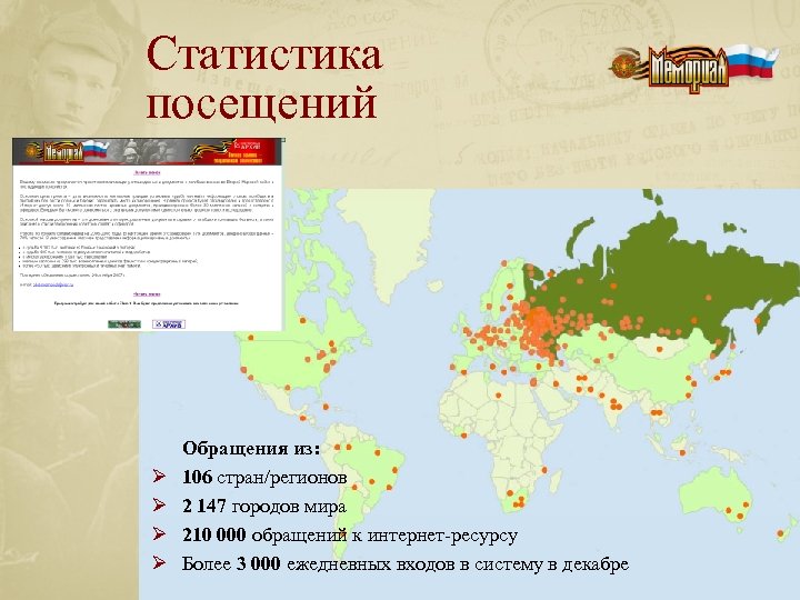 Статистика посещений Ø Ø Обращения из: 106 стран/регионов 2 147 городов мира 210 000