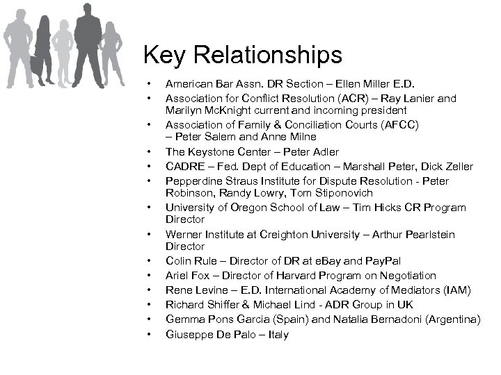 Key Relationships • • • • American Bar Assn. DR Section – Ellen Miller