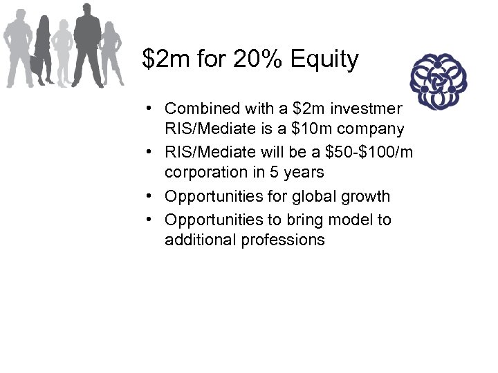 $2 m for 20% Equity • Combined with a $2 m investment, RIS/Mediate is