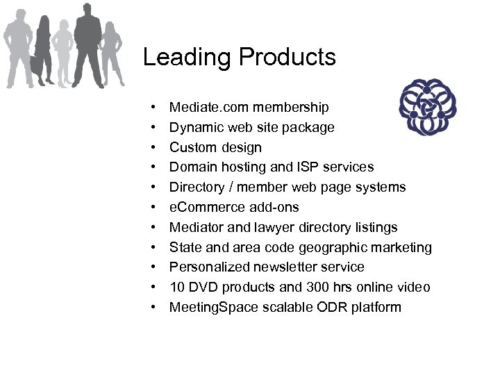 Leading Products • • • Mediate. com membership Dynamic web site package Custom design